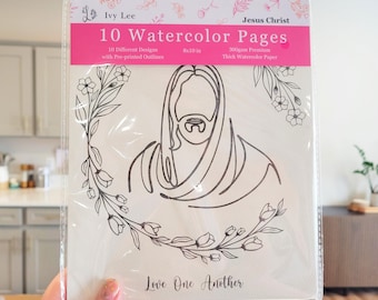 May include: A pack of 10 watercolour pages featuring a line drawing of Jesus Christ with floral accents. The pages are 8x10 inches and made with 300gsm premium thick watercolour paper. The text "Love One Another" is printed at the bottom of the page.