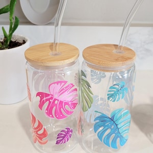 Monstera Leaf Glass Cup, Libbey Glass Cup, Floral Cup, Tropical Plant, Iced Coffee Tumbler, Houseplant Gift, Plant Lover Gift, Plant Mom
