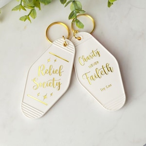 Relief Society Retro Keychain, Charity Never Faileth, LDS Gift, RS Theme, Latter-Day Saint Gift, LDS Christmas Gift