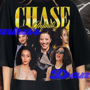 May include: Black t-shirt with the text "CHASE Infinite" in yellow and white. The shirt features a collage of images of a woman. The background has a yellow and white lightning bolt design.