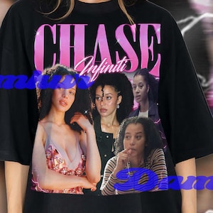 May include: Black t-shirt featuring the text "CHASE Infiniti" in pink, with a collage of images. The shirt is worn by a person. The background has a blurred effect with lightning bolt graphics.