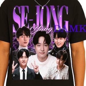 May include: Black t-shirt featuring a graphic of the actor Se-Jong Yang. The design includes multiple images of the actor with the name "SE-JONG" in a purple gradient font above the images. The word "Yang" is in a cursive font.