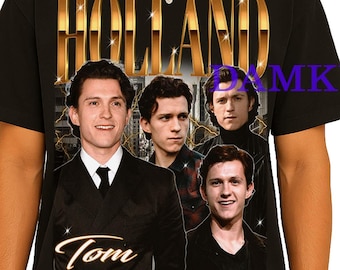 May include: Black t-shirt featuring a gold-colored text that reads "HOLLAND" above a collage of four images of a person. The name "Tom" is written in cursive below the images. The t-shirt is worn by a person.