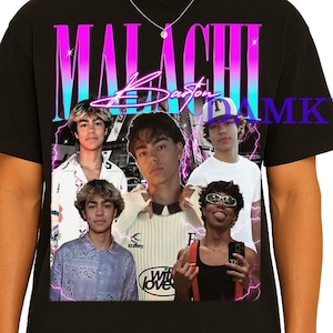 May include: Black t-shirt with a graphic featuring a group of young men and the text "Malachi Barton" in a pink and blue gradient. The design has a retro aesthetic.