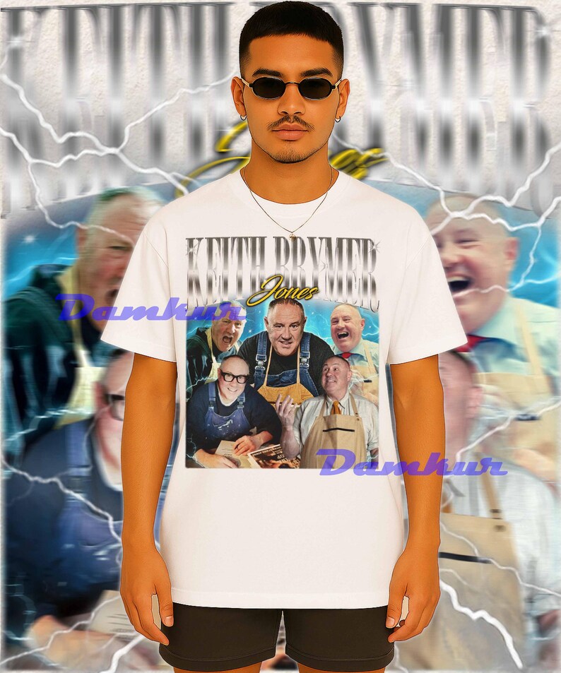 May include: White t-shirt featuring a graphic of a group of men with the text "KEITH DDVME" and "Jones". The shirt is worn by a person wearing sunglasses.