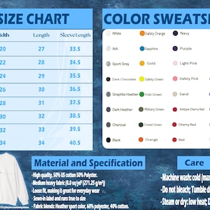 Puede incluir: Tabla de tallas con medidas en pulgadas para sudaderas, incluyendo ancho, largo y largo de manga. Se enumeran las opciones de color, junto con las especificaciones del material y las instrucciones de cuidado. La sudadera es blanca.