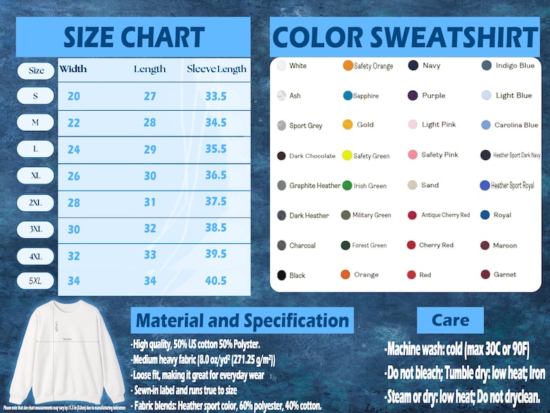 Puede incluir: Tabla de tallas con medidas en pulgadas para sudaderas, incluyendo ancho, largo y largo de manga. Se enumeran las opciones de color, junto con las especificaciones del material y las instrucciones de cuidado. La sudadera es blanca.