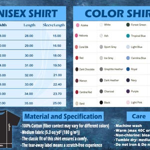 Puede incluir: Tabla informativa que detalla las tallas de camisetas unisex, incluyendo ancho, largo y largo de manga en pulgadas. Tambi&eacute;n enumera los colores disponibles, especificaciones de materiales e instrucciones de cuidado. Las tallas de camiseta van de la S a la 5XL.