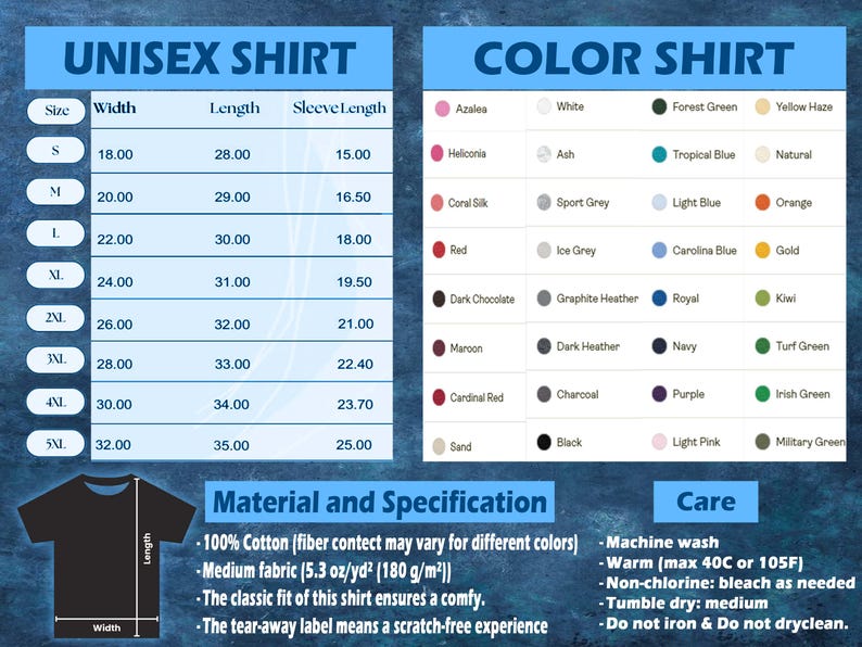 Puede incluir: Tabla informativa que detalla las tallas de camisetas unisex, incluyendo ancho, largo y largo de manga en pulgadas. Tambi&eacute;n enumera los colores disponibles, especificaciones de materiales e instrucciones de cuidado. Las tallas de camiseta van de la S a la 5XL.