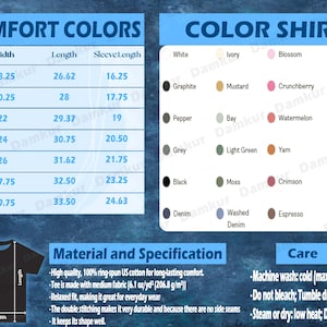 Puede incluir: Gr&aacute;fico informativo con tablas de tallas y colores para camisetas. La tabla de tallas muestra medidas en pulgadas para el ancho, largo y largo de la manga. La tabla de colores muestra varios colores de camisa, incluyendo blanco, negro y denim.
