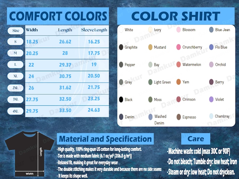 Puede incluir: Gr&aacute;fico informativo con tablas de tallas y colores para camisetas. La tabla de tallas muestra medidas en pulgadas para el ancho, largo y largo de la manga. La tabla de colores muestra varios colores de camisa, incluyendo blanco, negro y denim.
