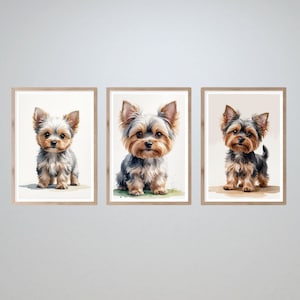 Ensemble de 3 oeuvres d&#39;art murales Yorkies | Décoration imprimable Yorkshire Terrier | Impressions mignonnes de chien pour les amoureux des animaux de compagnie, la chambre d&#39;enfant, la chambre à coucher ou le bureau