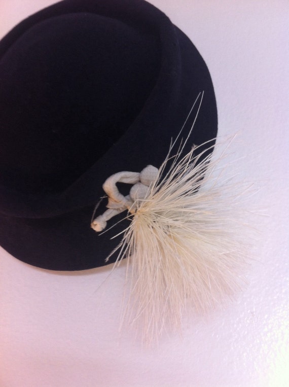 Vintage Hat in Navy and Cream with Pompom Detail