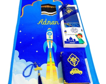 Personalized Kids Prayer Mat Set, Quran, Tasbih, Islamic Gift for Boys