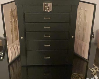 Faux Leather 5-Tier Jewelry Organizer | Lockable Storage Case with Mirror