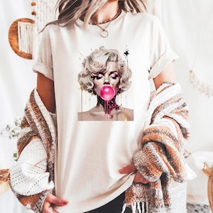 Marilyn bandana Swarovski Long T-shirt white ×Red Marilyn Monroe Gangster Cool Graphic Hipster Red Roses