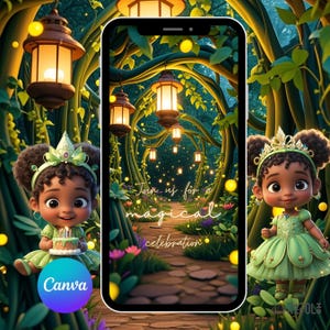 Princess Tiana Birthday Video Invitation: African American Magical Forest (Digital Template, Editable in Canva)
