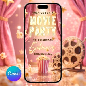 Movie Party Invitation Movie Night Birthday Party Video Invitation Cinema Theater Pastel Pink Popcorn Sleep Over Birthday Evite Movie Ticket