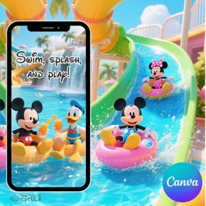 Invitación de video para el cumpleaños de Mickey y sus amigos. Invitación a la Casa Club de Mickey. Invitación de video para la fiesta en la piscina de Mickey y Minnie. Plantilla editable.