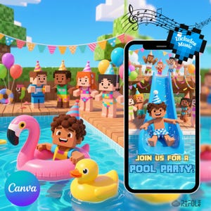 Minecrafter Pool Party Birthday Video Invitation Waterpark on Summer Editable Template