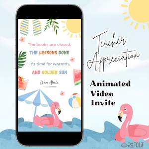 Sommer Lehrer Anerkennung Geschenk Animierte Video Vorlage Digitale Einladung Danke Karte Ende des Schuljahres Kindergarten graduierte Pool Party