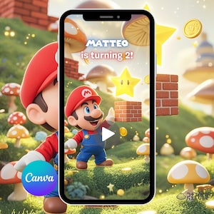 Super Mario Geburtstags-Video-Einladung Mario Bros Kids Video Party lädt Gamer Game Boy-Geburtstagsfeier-Einladung MP4 Bearbeitbare Vorlage