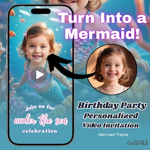 Personalisierte Prinzessin Mermaid Video-Einladung mit benutzerdefiniertem AI-Foto-Porträt, das magischen Geburtstag des Mädchens unter dem Meer-Ozean-Party-Thema erzeugt