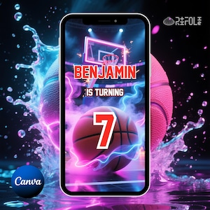 Basketball Video Birthday Party Invitation | Editable Canva Party Invite for Kids Sports Theme | Neon Basketball Birthday Digital Download