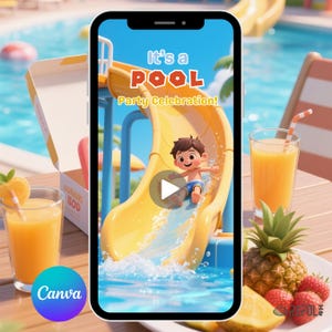 Convite para festa na piscina, vídeo convite para festa de aniversário na piscina, convite para formatura do jardim de infância, festa de aniversário no parque aquático de verão tropical na praia