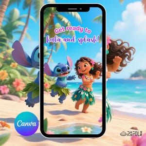 Invito Lilo e Stitch, invito video di compleanno Lilo Stitch, invito modificabile per video di compleanno estivo in spiaggia di Lilo Stitch, invito per festa in piscina.