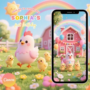 Chicken Birthday Video Invitation: Farm Barnyard Theme (Digital Download, Editable Canva Template