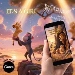 EDITABLE Lion King Gender Reveal Video Announcement It&#39;s a Girl Lion King Gender Reveal Movie Girl Jungle Gender Reveal Digital Mobile Video