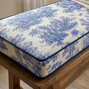 Custom Toile Bench Cushion Blue French Country Seat Cushion Window Seat Cushion Linen Bench Cushion Farmhouse Banquette Cushion