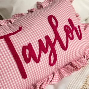 Custom Name Nursery Pillow, Pink Ruffle Gingham Cushion, Embroidered Baby Pillow, Personalized Baby Girl Gift, Punch Needle Decor