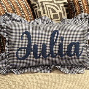 Embroidered Baby Name Cushion, Ruffled Gingham Nursery Pillow, Personalized Pink Cotton Pillow, Custom Baby Room Accent Gift