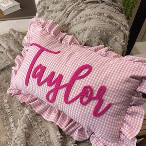 Personalized Baby Girl Pillow, Custom Name Cushion with Ruffle, Pink Gingham Nursery Accent, Embroidered Keepsake Gift for Baby