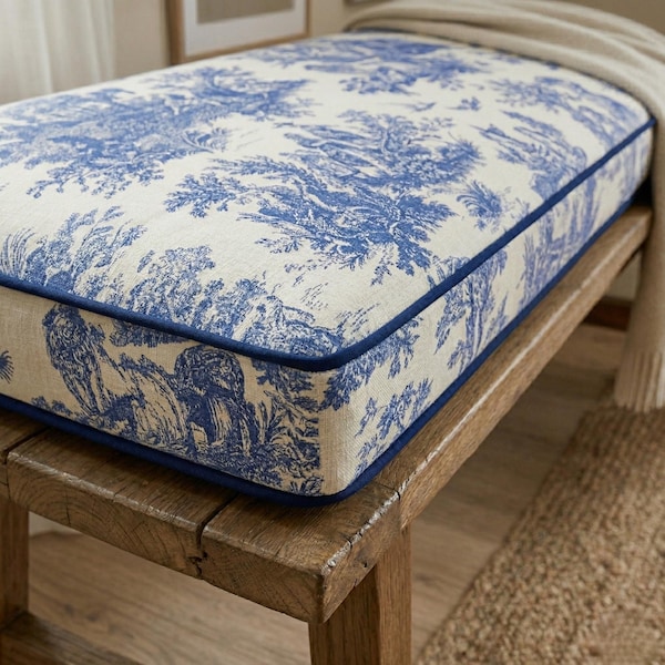 Custom Blue Toile Bench Cushion, French Country Window Seat Pad, Farmhouse Banquette Cushion Made to Measure