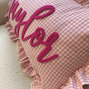 Name Pillow for Baby Room, Personalized Nursery Cushion, Embroidered Ruffle Pillow, Pink Gingham Baby Girl Decor, Custom Cotton Gift