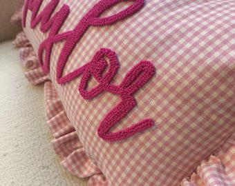 Personalized Baby Name Pillow, Pink Gingham Ruffle Nursery Cushion