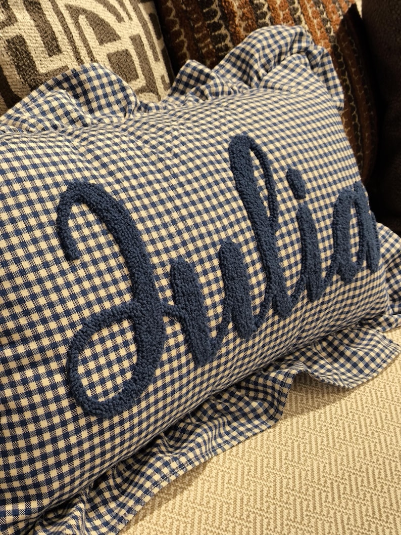 Custom Baby Name Bedding Pillow, Embroidered Gingham Throw Cushion, Soft Ruffle Nursery Decor, Personalized Cotton Gift for Baby Room