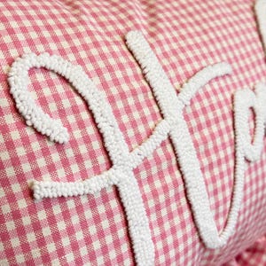 Gift for Baby Girl, Custom Name Pillow with Ruffles, Pink Gingham Nursery Bedding Decor, Embroidered Cotton Pillowcase, Personalized Pillow