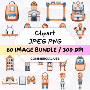 May include: A set of 60 watercolour clipart images featuring school-themed illustrations. The images include backpacks, school buildings, books, pencils, and students. The clipart is perfect for creating educational materials, invitations, or other projects.