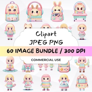 Puede incluir: Un conjunto de 60 imágenes de clipart digital que presentan personajes de dibujos animados lindos en varias poses y escenarios. Los personajes están todos vestidos con colores pastel y tienen ojos grandes y sonrisas. Las imágenes son perfectas para usar en scrapbooking, creación de tarjetas y otros proyectos de manualidades. Clipart JPEG PNG 60 IMAGE BUNDLE / 300 DPI COMMERCIAL USE