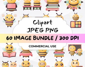 Bee Back to School Clipart PNG Bundle – 60 Cute Bumblebee Watercolor Characters with Books, Pencils and Chalkboards for Kids and Teachers