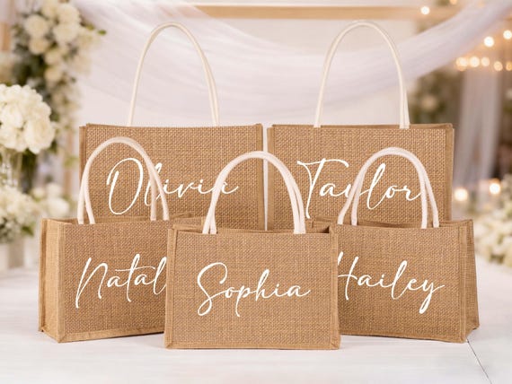 Personalized Bridesmaid Gift Bag Custom Burlap Bag Beach Tote Bag Jute Beach Bag Bachelorette Party Bridesmaid Proposal Bridal Party Gift