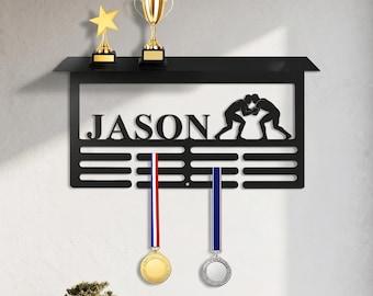 Custom Wrestling Medal Hanger with Shelf, Personalized Sports Medal Holder, 12 Rungs for Medals & Ribbons, Display Awards Sign