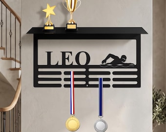 Custom Swimming Award Medal Holder Trophy Shelf, Custom  Swimming Medal Hanger, 12 Rungs for Medals & Ribbons,Display Awards Sign