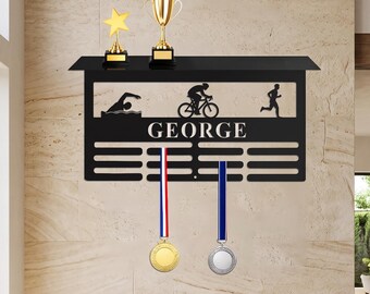 Custom Triathlon Medal Holder with Trophy Shelf, Personalized Triathlon Medal Hanger, Triathlon Medal Rack, Sports Medal Holder