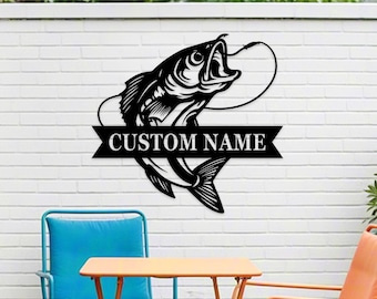 Fisch Metall Namensschild, Zander Fisch Dekor, Fischen Namensschild, Benutzerdefinierte Fisch Zeichen, Fisch Metall Wandkunst, personalisiertes Schild, Fisch Cabin Decor