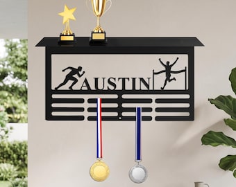 Custom Running Medal Holder with Trophy Shelf, Personalized Male Female Runner Name Medal Hanger, Running Medal Rack, Sports Medal Holder